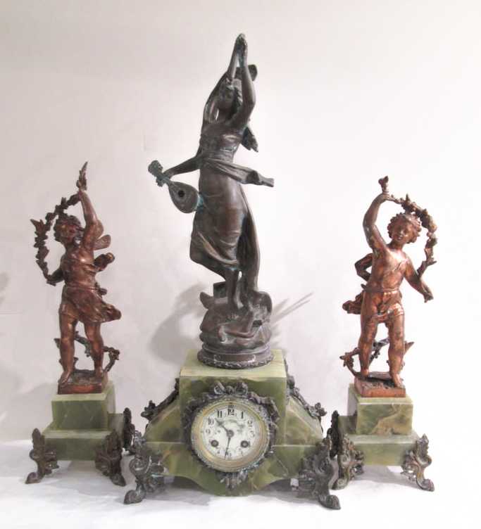 Appraisal: THREE-PIECE FRENCH CLOCK SET Adolphe Mougin French - c a