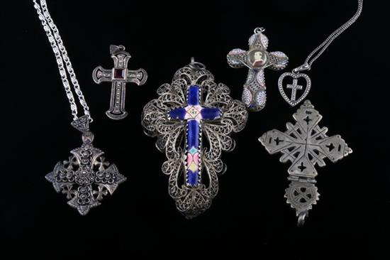 Appraisal: SIX ASSORTED SILVER RELIGIOUS CROSSES Including Italian mosaic cross centing