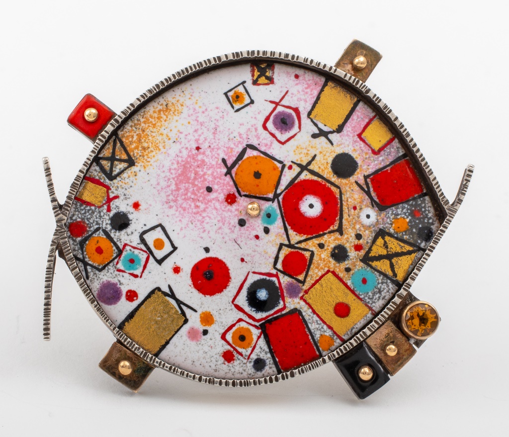 Appraisal: EARL PARDON MODERN PAINTED ENAMEL MOSAIC BROOCH Earl Pardon American