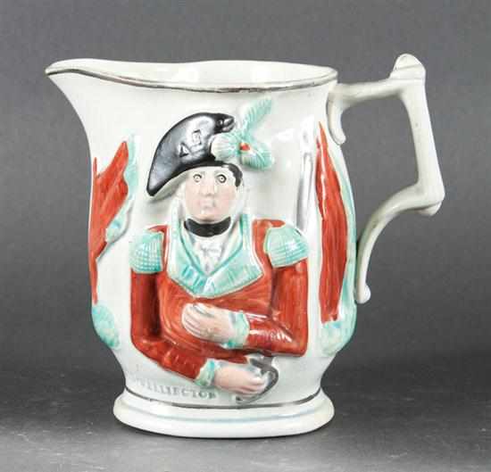 Appraisal: Staffordshire relief decorated pearlware jug depicting English Napoleonic war heroes