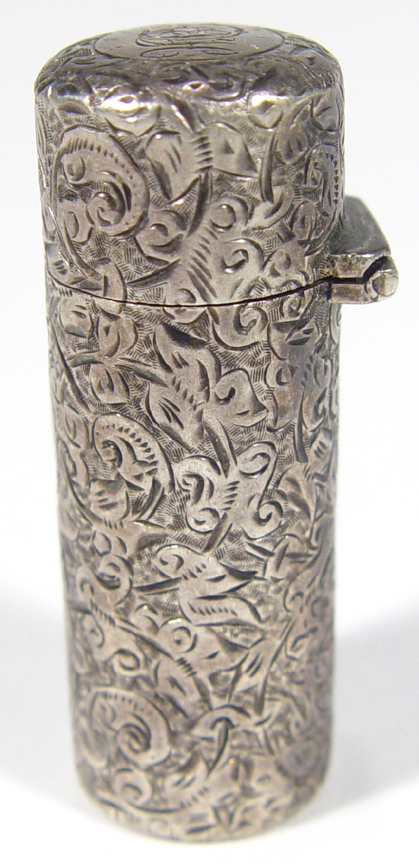 Appraisal: Victorian cylindrical silver cased glass scent bottle and stopper the