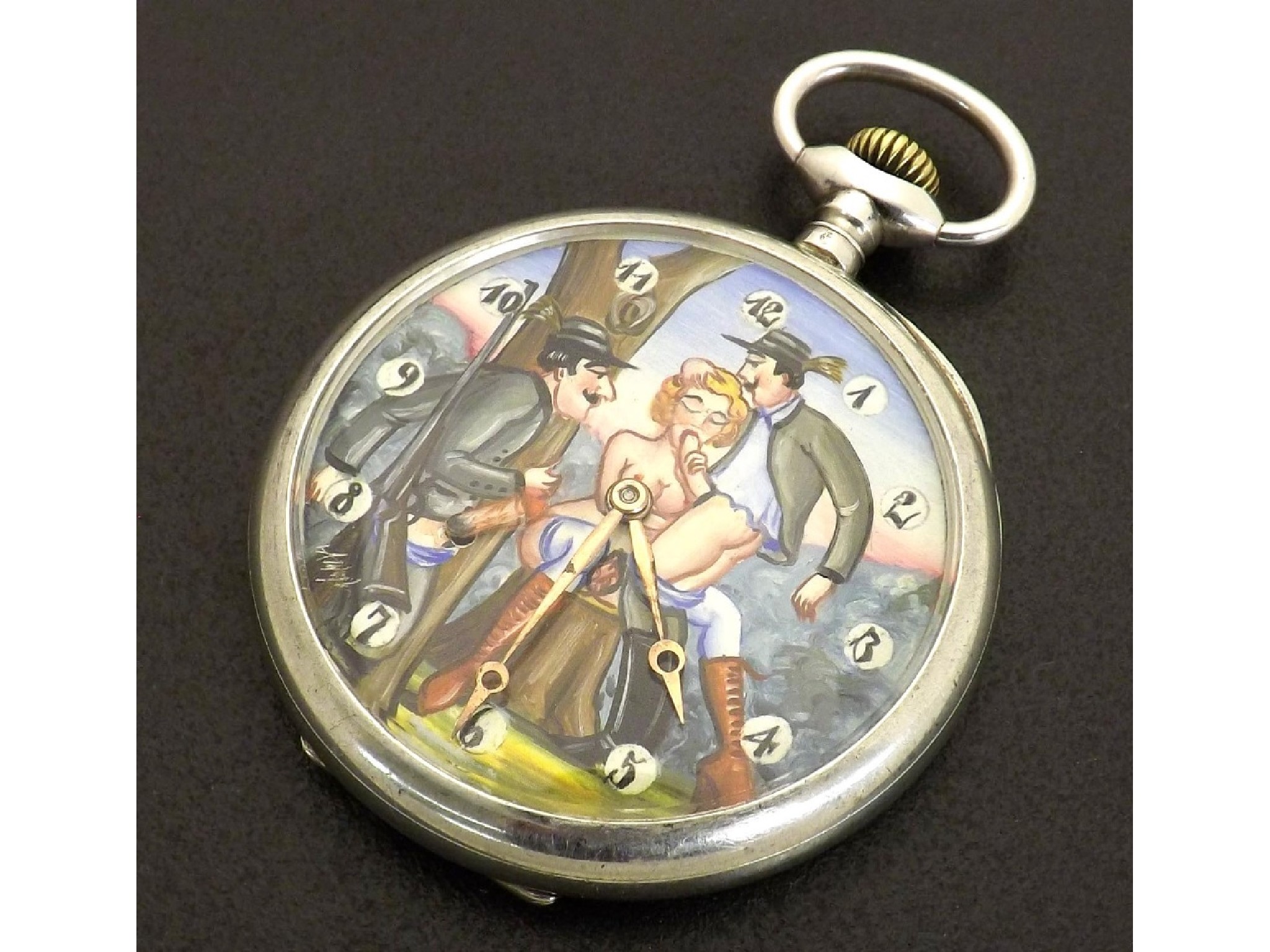 Appraisal: Novelty chrome erotic automaton pocket watch lever movement mm