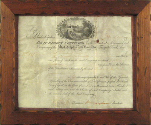 Appraisal: Philadelphia and Lancaster turnpike road stock certificate dated on vellum