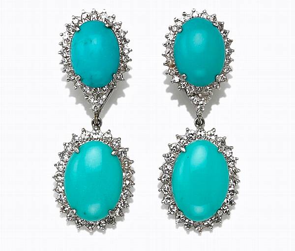 Appraisal: A pair of turquoise and diamond day-night clip-earrings estimated total