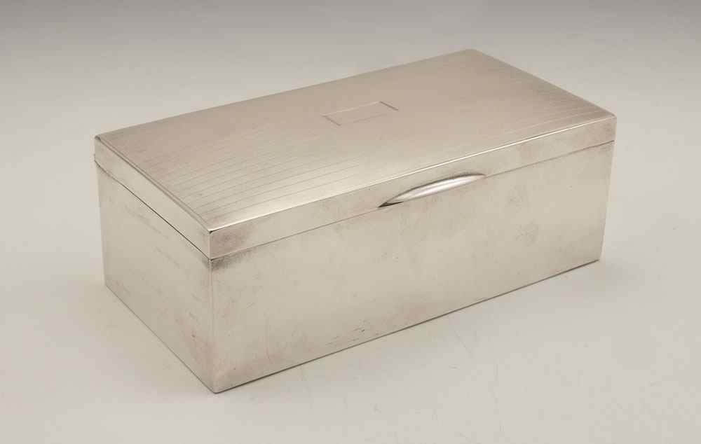 Appraisal: INTERNATIONAL SILVER STERLING CIGARETTE BOX Wood lined interior engraved hinged