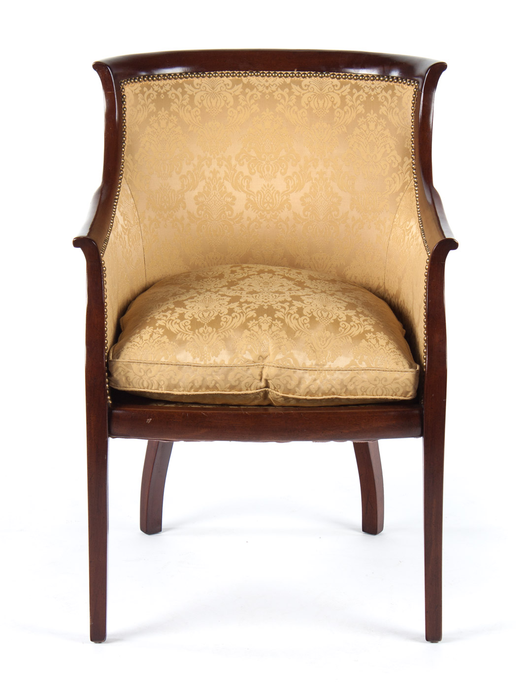 Appraisal: Regency style mahogany gondola chair with brass-studded gold brocade upholstery