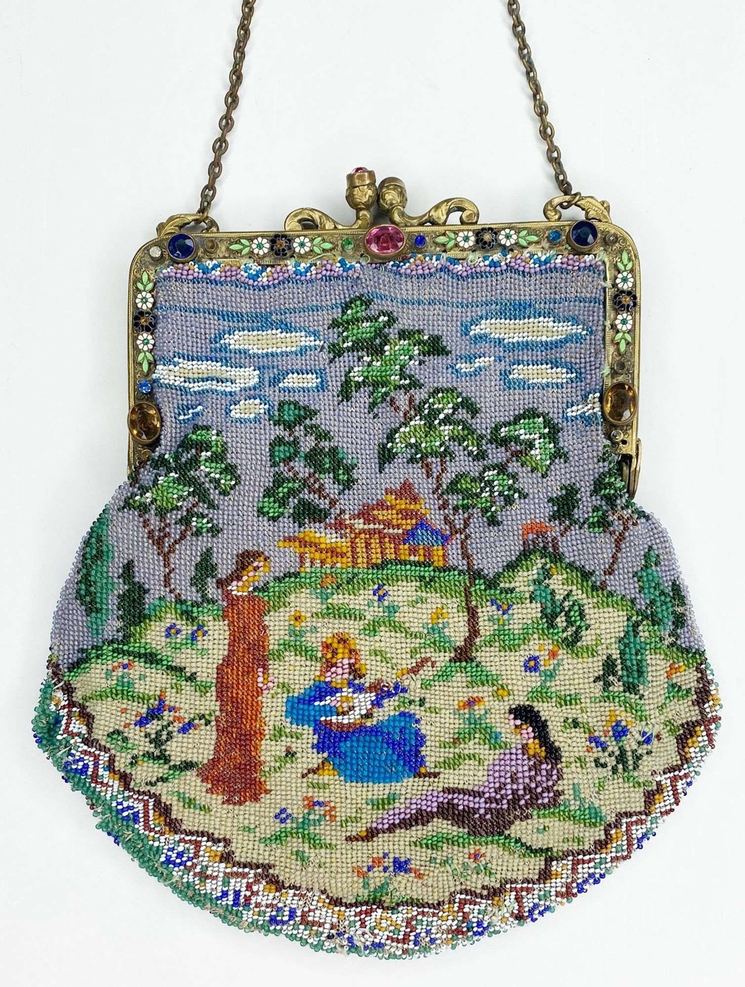 Appraisal: Micro Beaded Purse with Musician Scene and enameled jeweled frame