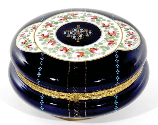 Appraisal: French porcelain dresser box circa bun form with enameled decoration