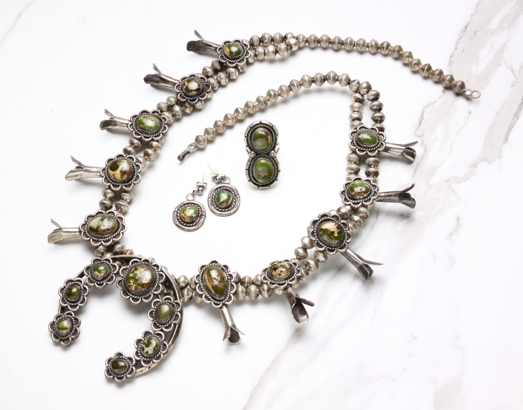 Appraisal: SOUTHWEST STYLE SQUASH BLOSSOM NECKLACE AND RING Second half th