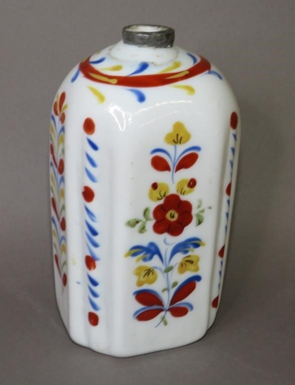 Appraisal: ENAMELED BLOWN MILK GLASS STIEGEL TYPE CORDIAL BOTca late th-early