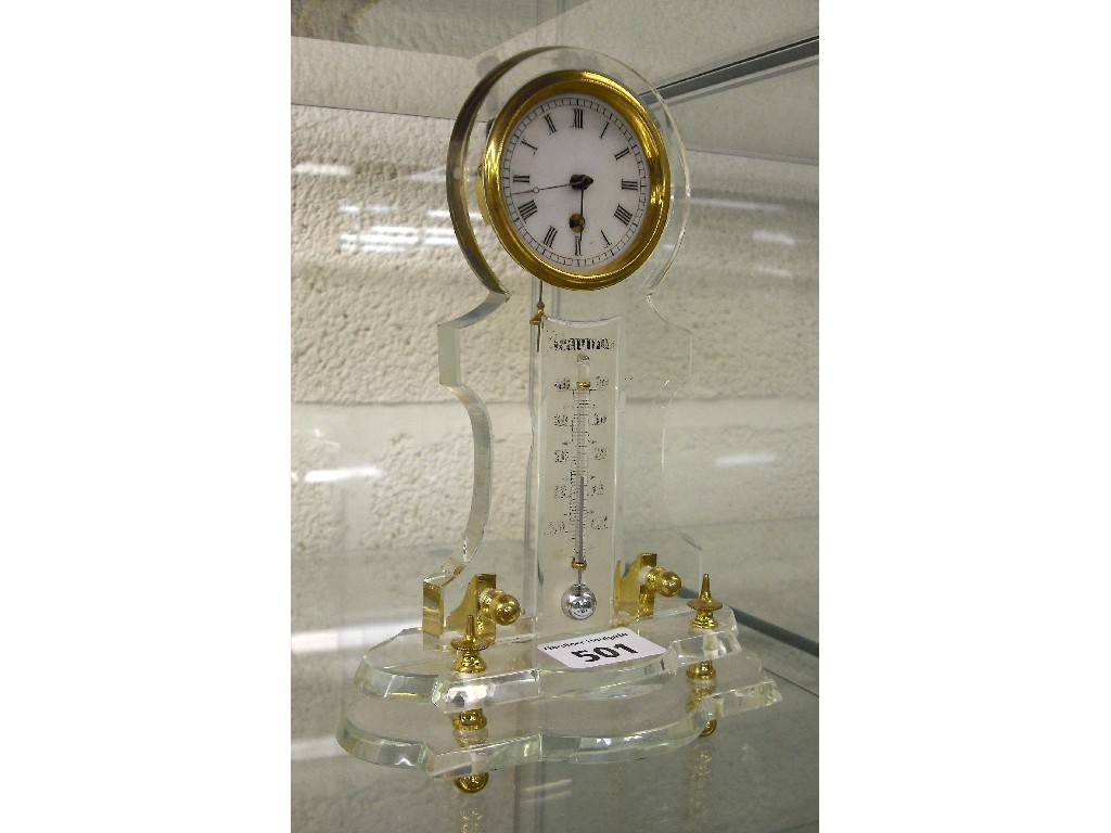 Appraisal: Small glass and brass mounted thermometer timepiece the opaque glass