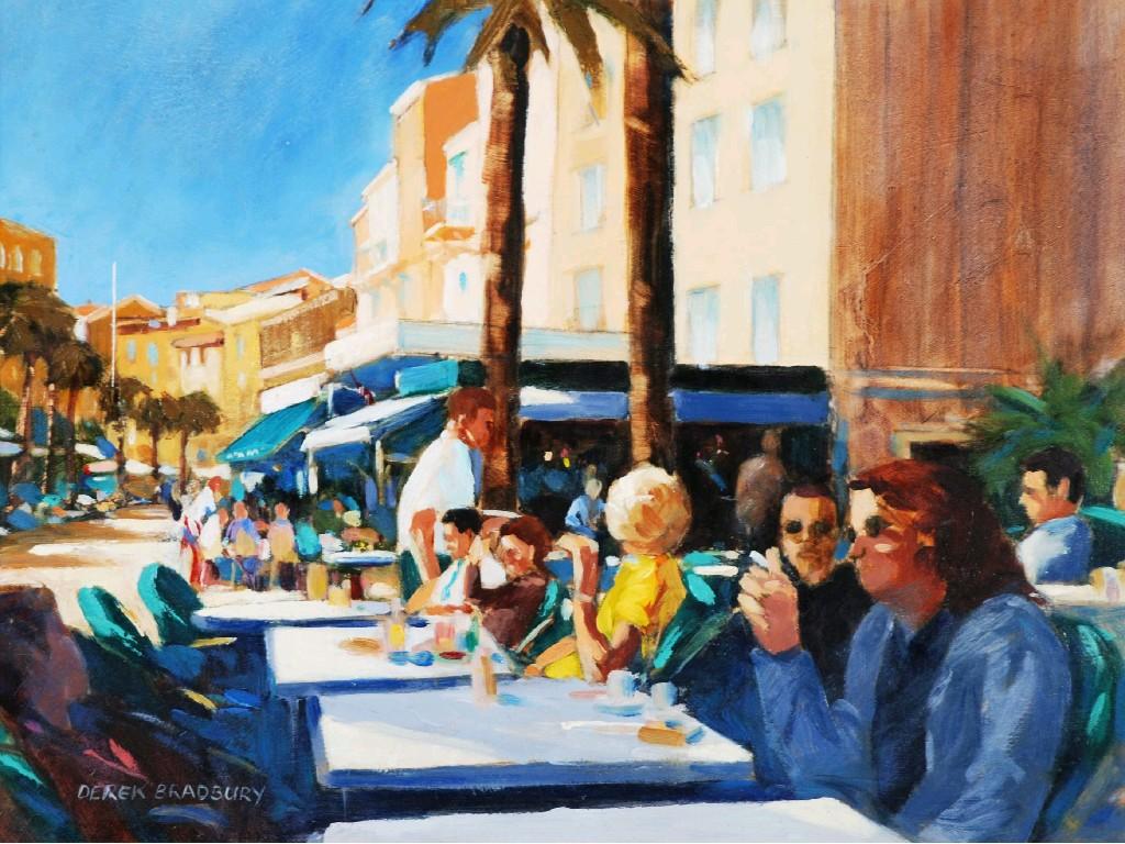 Appraisal: DEREK BRADBURYOIL PAINTING ON BOARD Continental street cafesigned lower left