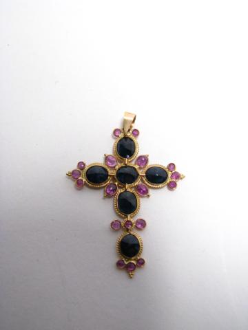 Appraisal: Ruby and Sapphire Cross Pendant in K yellow gold setting