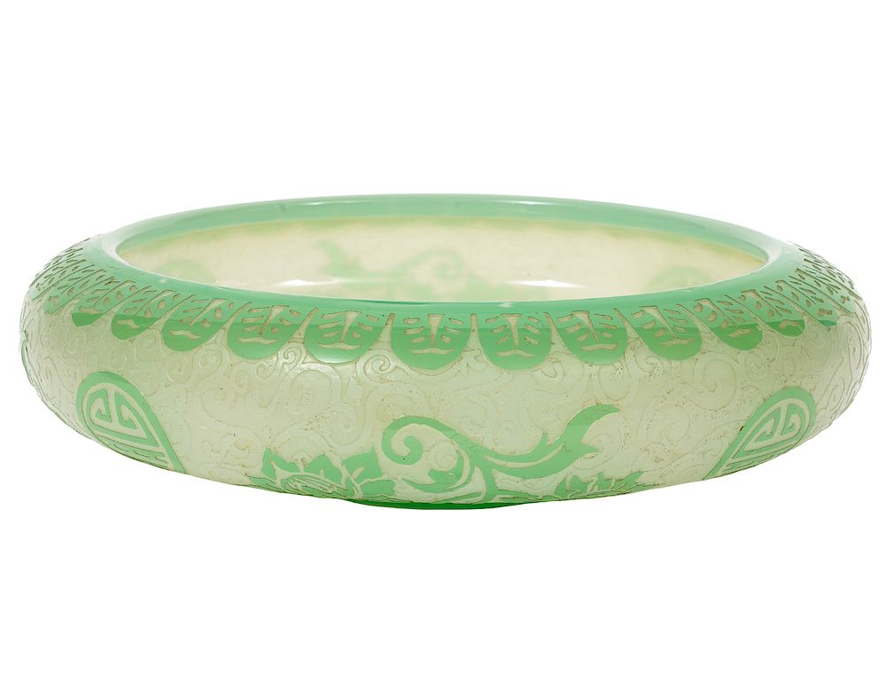 Appraisal: Steuben Acid-Etched Green Jade Bowl Steuben acid-etched green jade bowl