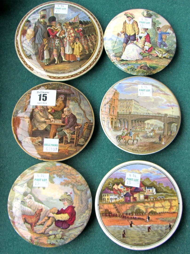 Appraisal: Six Prattware pot lids comprising Shepherd Boy Fair Sports Women