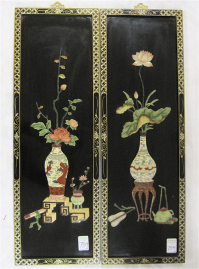 Appraisal: PAIR OF CHINESE PAINTED STONE AND WOOD WALL HANGINGS each