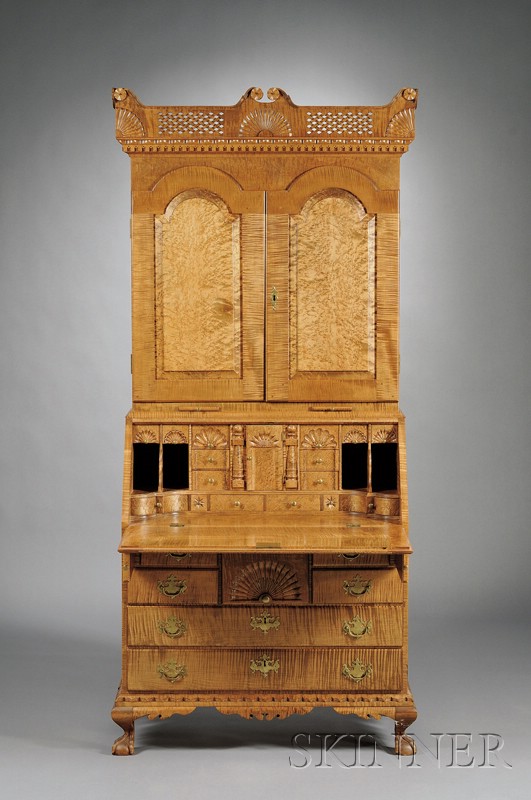 Appraisal: Chippendale-style Tiger Maple and Bird's-eye Maple Carved Desk Bookcase Donald