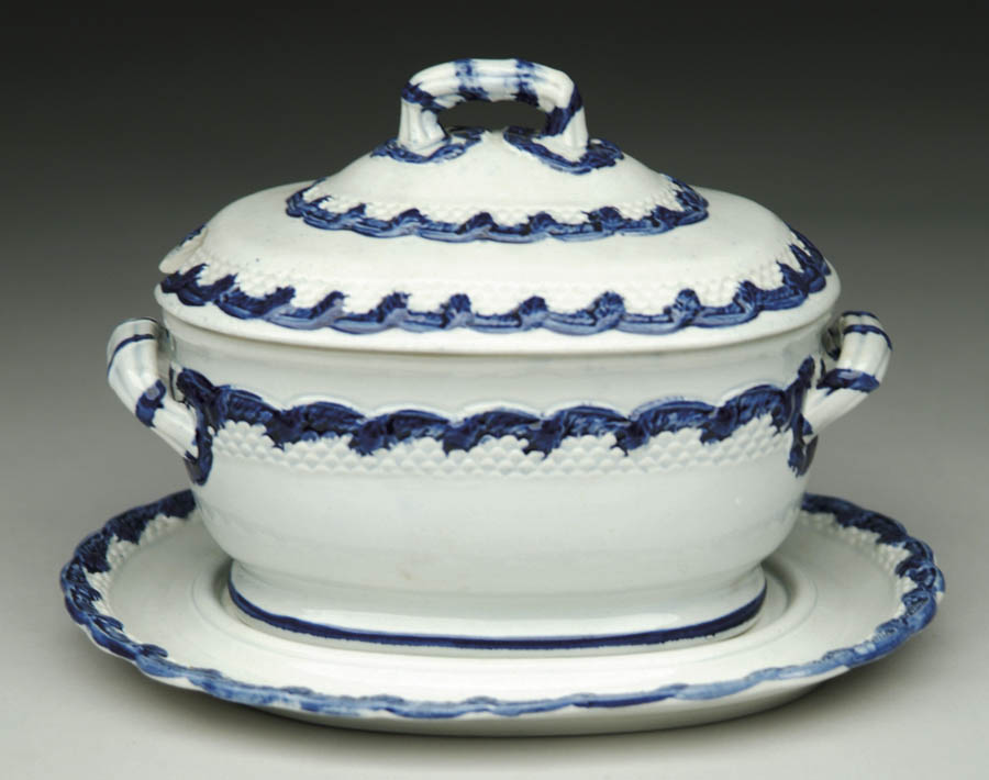 Appraisal: THREE PIECE LEEDS SAUCE TUREEN Blue feather edge on a