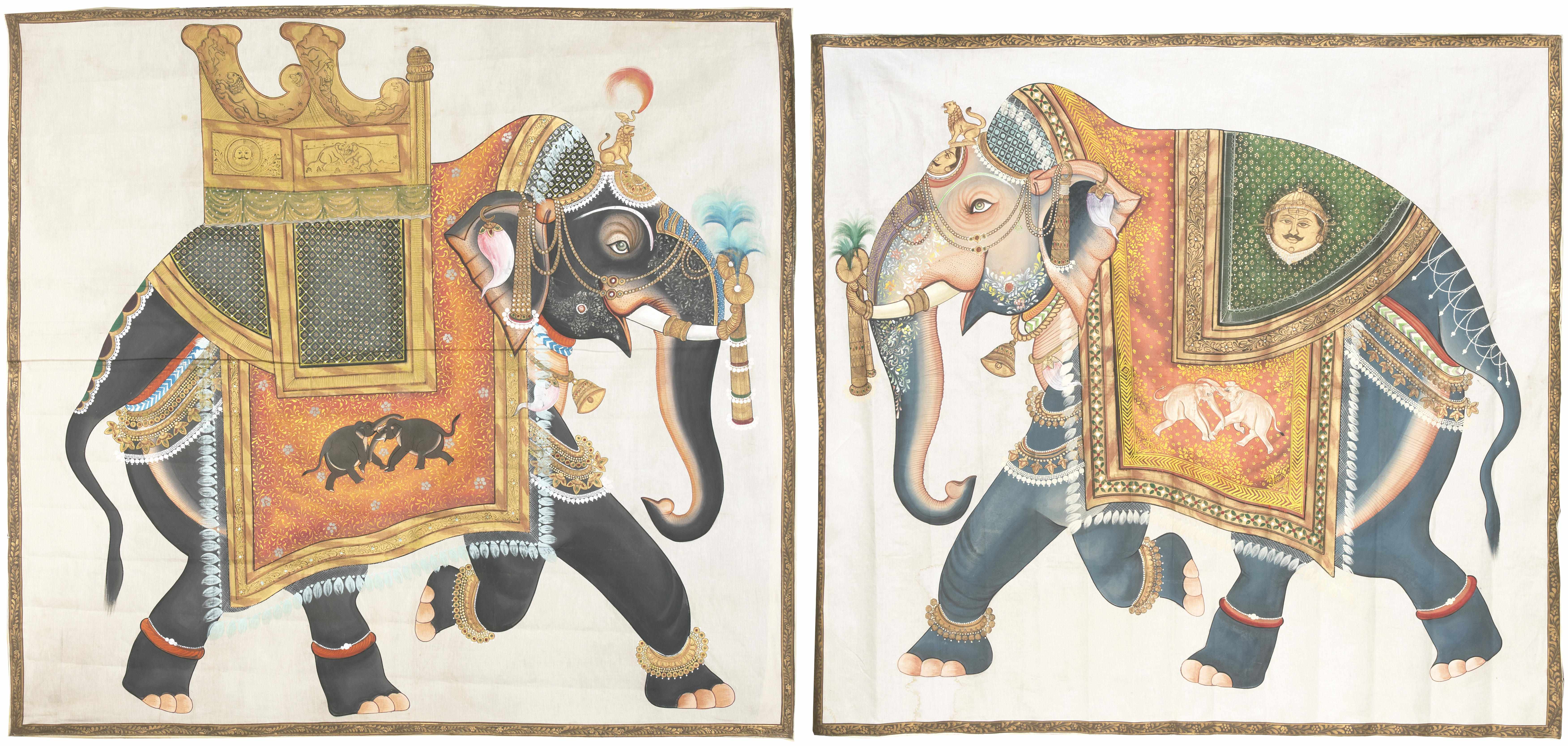 Appraisal: A pair of Indian painted fabric panels of caparisoned elephants