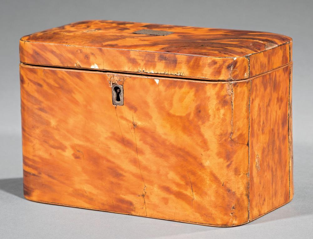 Appraisal: Regency Tortoiseshell Tea Caddy monogrammed silver cartouche interior with two