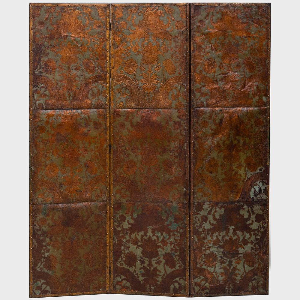 Appraisal: Spanish Gilt-Decorated Stamped and Tooled Leather Three Panel Screen Each