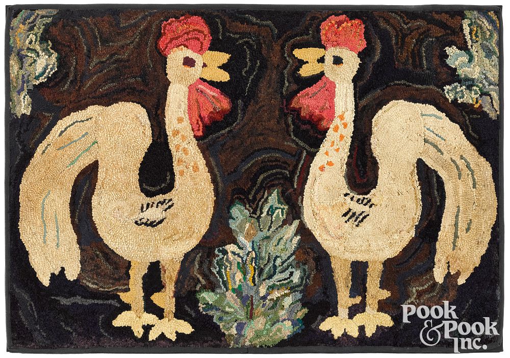 Appraisal: American hooked rug of two roosters American hooked rug of