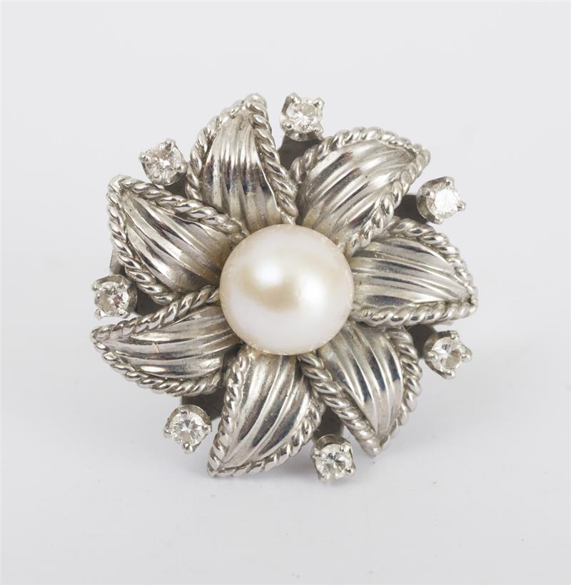 Appraisal: k White Gold Cultured Pearl and Diamond Flower Ring Unmarked