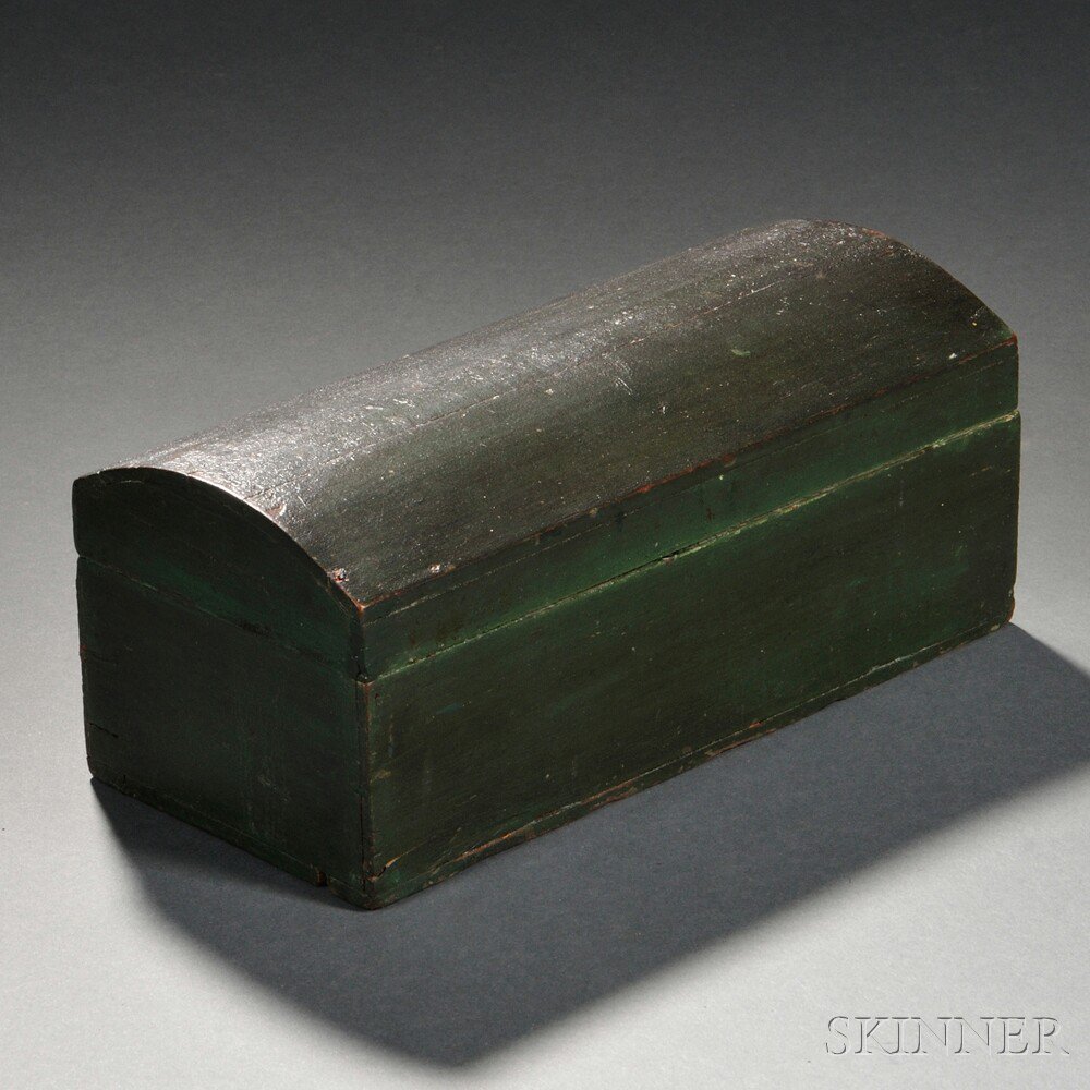 Appraisal: Shaker Small Green-painted Dome-top Box th century the nail constructed