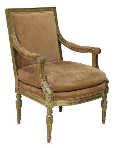 Appraisal: French Louis XVI style giltwood armchair th c frame with