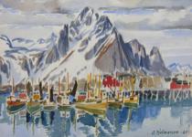 Appraisal: Attributed to Odd Helmersen Norwegian b Fishing Boats Watercolor on