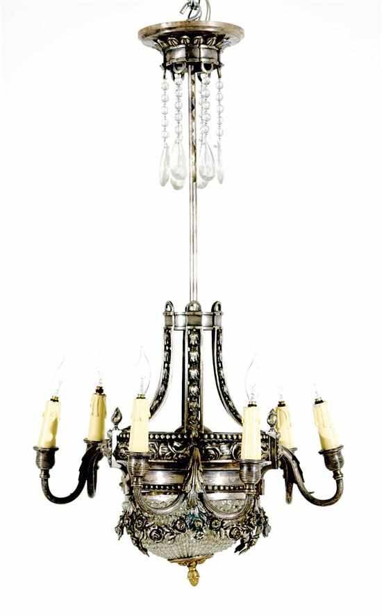 Appraisal: Continental pewter six-light chandelier early th century turned stem supporting