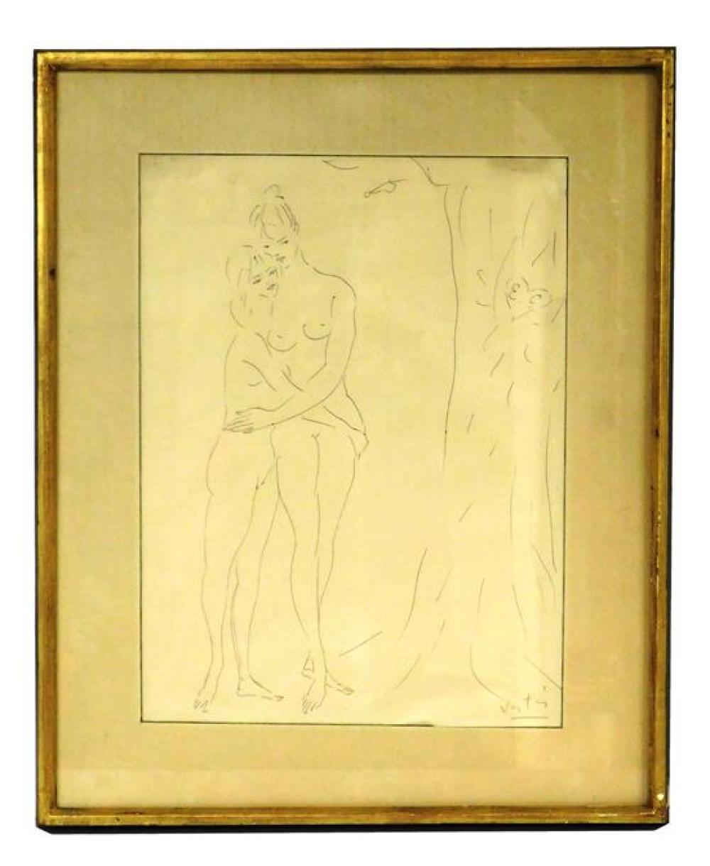 Appraisal: Marcel Vert s French - graphite drawing of women embracing