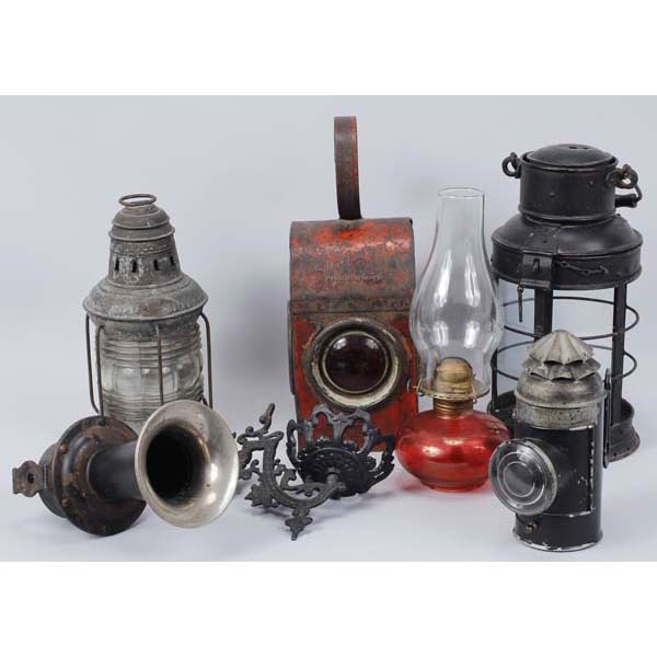 Appraisal: Six antique lantern signals automobile horn wall hanging oil lamp