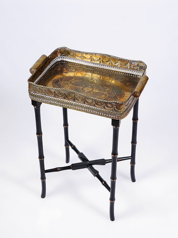 Appraisal: BLACK LACQUERED FAUX BAMBOO TEA STAND WITH TRAY Contemporary faux