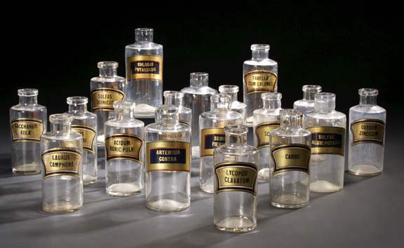 Appraisal: Group of Eighteen Clear Glass Blown-in-Mold English Apothecary Bottles third