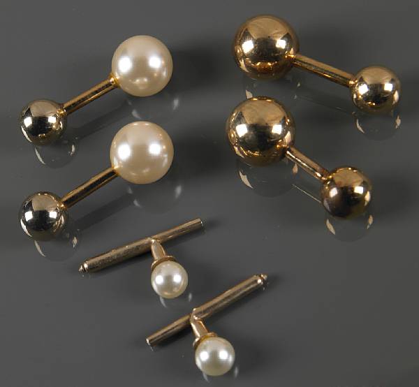 Appraisal: A collection of onyx cultured pearl and gold cufflinks and