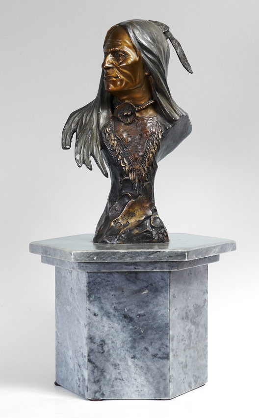 Appraisal: ILLEGIBLY SIGNED INDIAN CHIEF BRONZE BUST Approximately '' h affixed