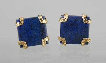 Appraisal: A Pair of Lapis Lazuli and Gold Earrings Carved rectangular