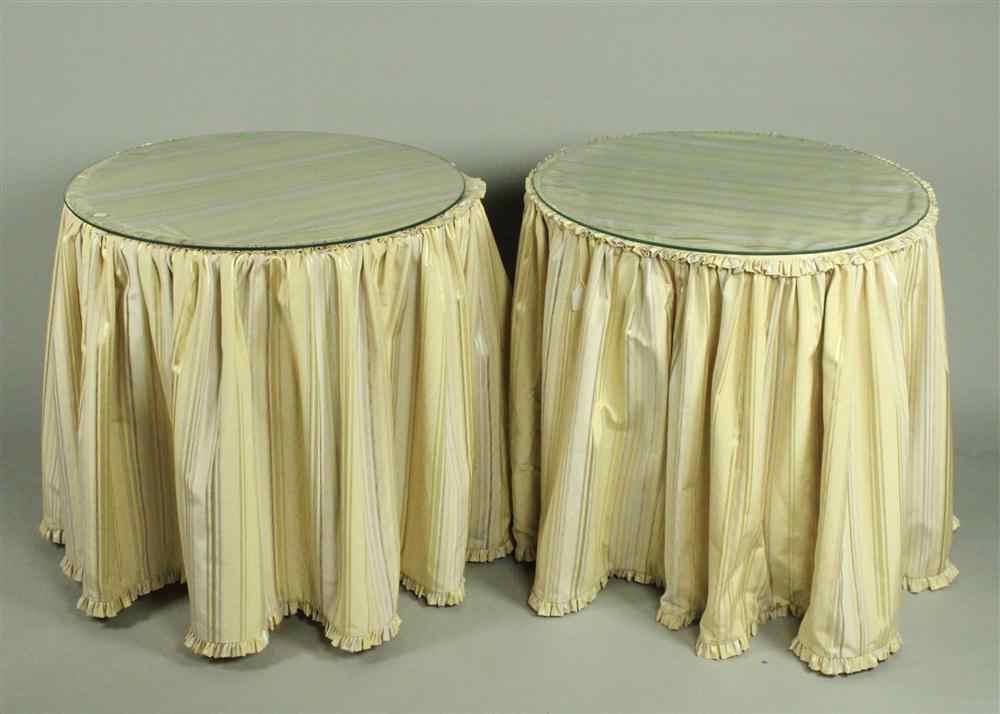 Appraisal: PAIR OF WOOD FRAME TABLES WITH SILK STRIPE FABRIC AND