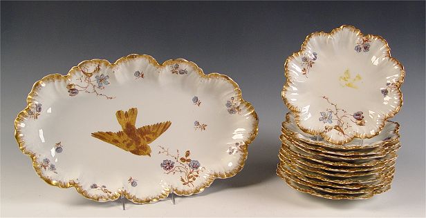 Appraisal: BIRD DECORATED FRENCH LIMOGES PLATTER AND PLATES A Lanternier Ca