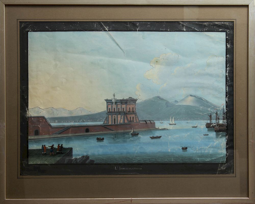 Appraisal: L'Immacolatella Antique Naples Gouache on Paper L Immacolatella Naples scene