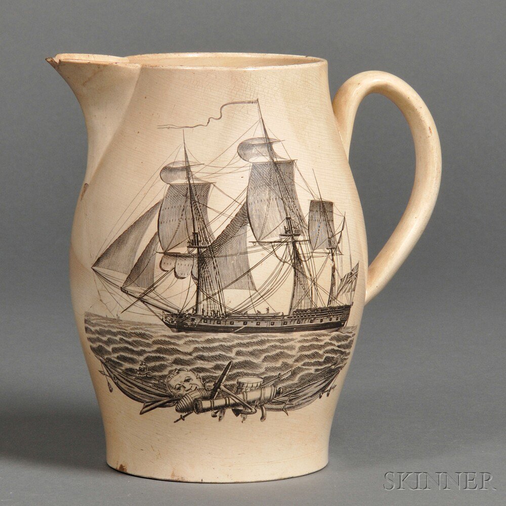 Appraisal: Liverpool Transfer-decorated Creamware Jug with Ship Motifs England early th