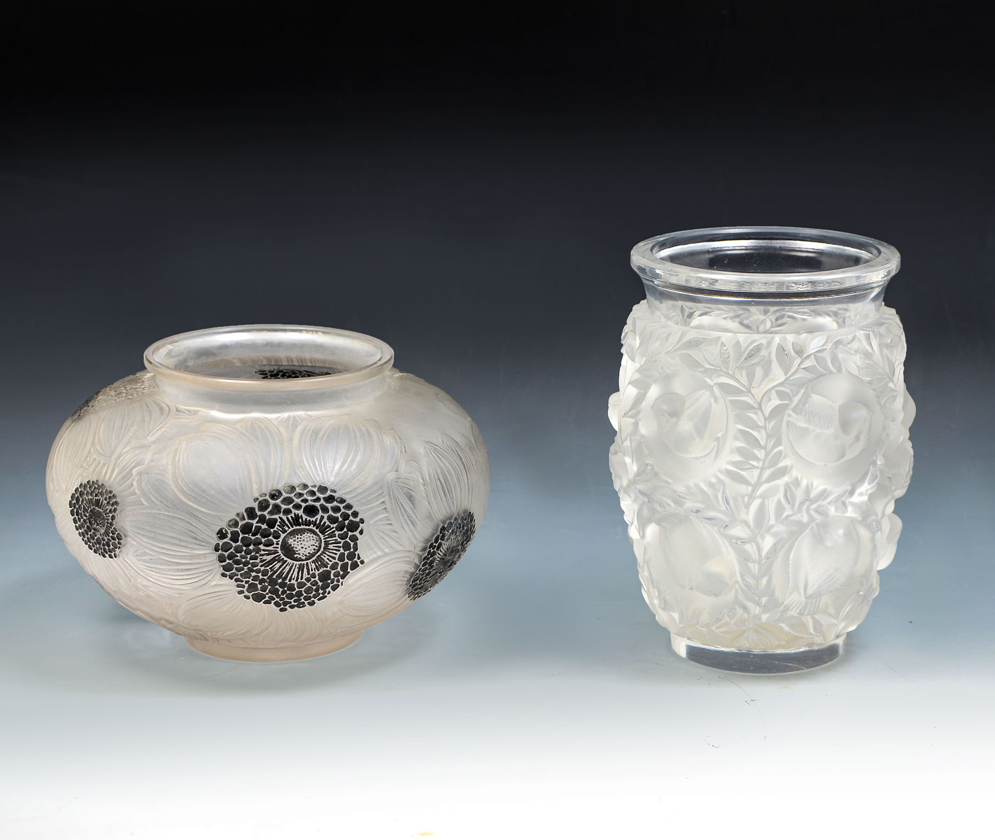 Appraisal: PC LALIQUE FROSTED VASES Comprising - Lalique ''Dahlias'' Art Deco