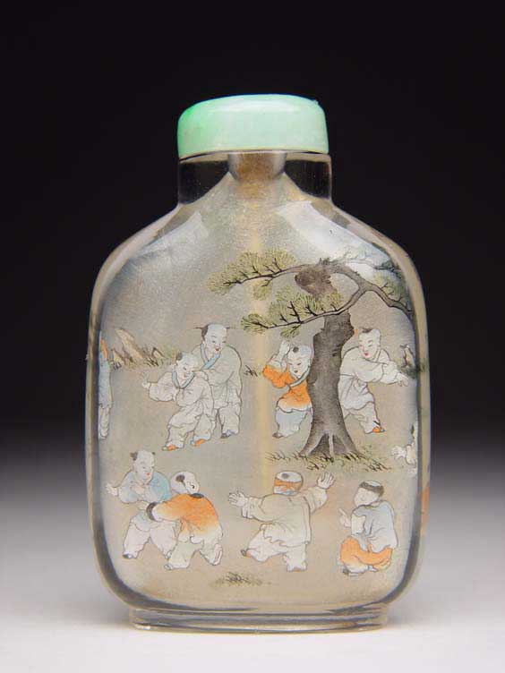 Appraisal: INSIDE-PAINTED GLASS SNUFF BOTTLE Inside-painted glass snuff bottle of flattened