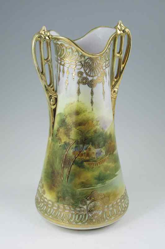 Appraisal: HAND PAINTED NIPPON PORCELAIN VASE Scenic landscape with beautiful Aesthetic