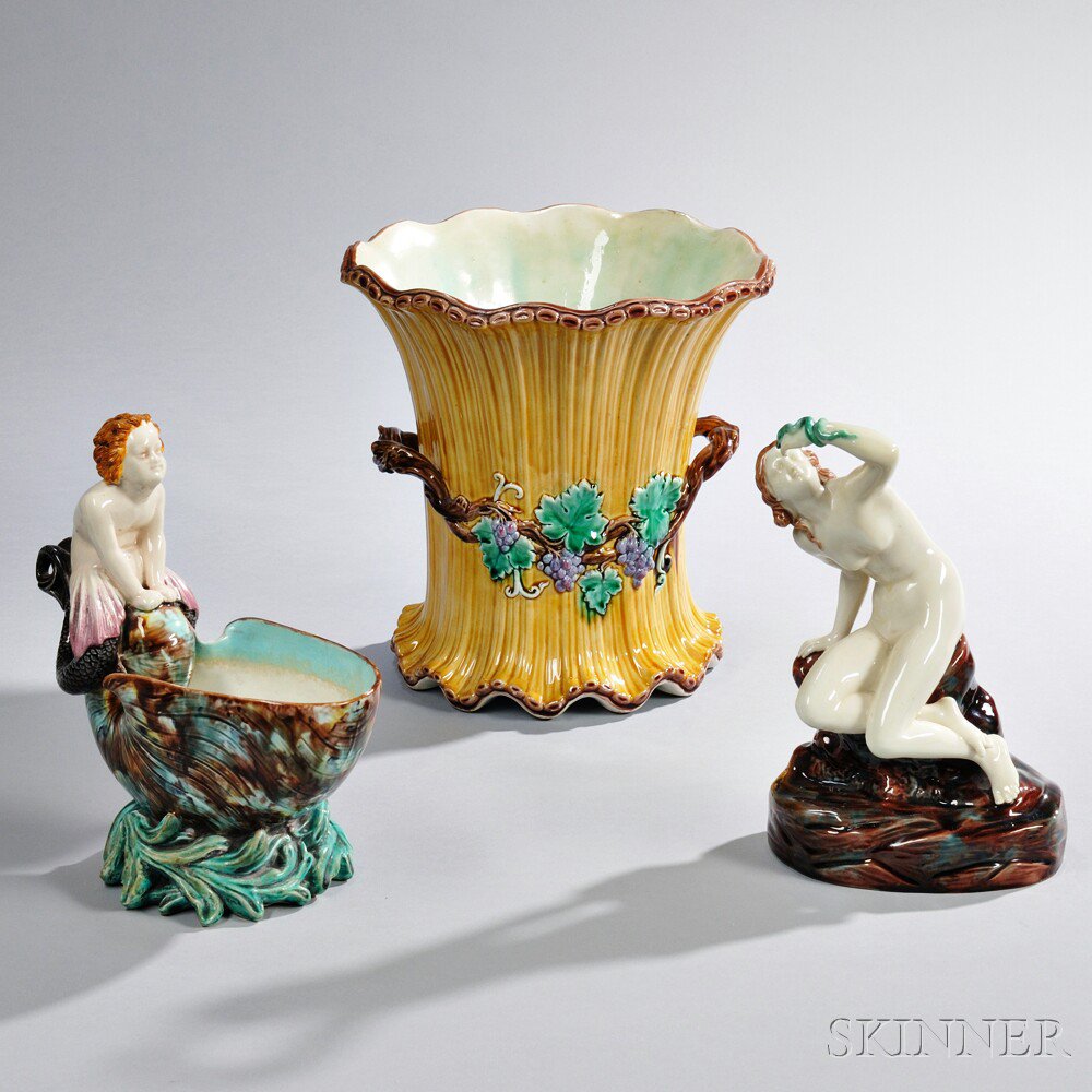 Appraisal: Three Wedgwood Majolica Items England th century a nude figure