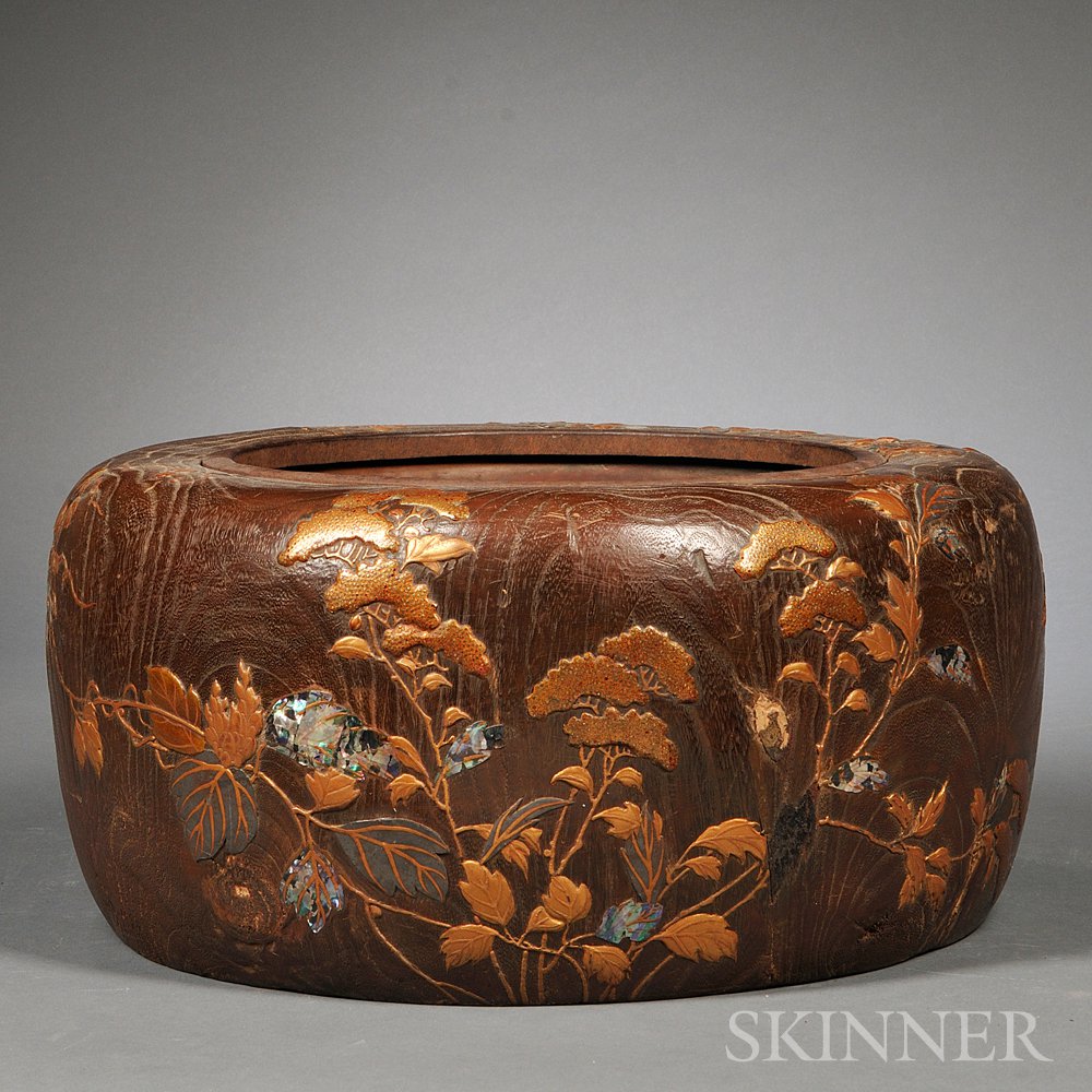 Appraisal: Wood Hibachi Japan late th century chrysanthemum-shape with maki-e and