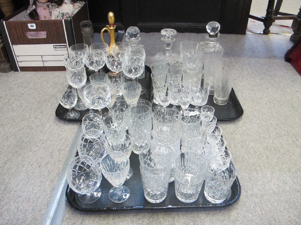 Appraisal: Three trays of assorted glassware - decanters tumblers wine glasses