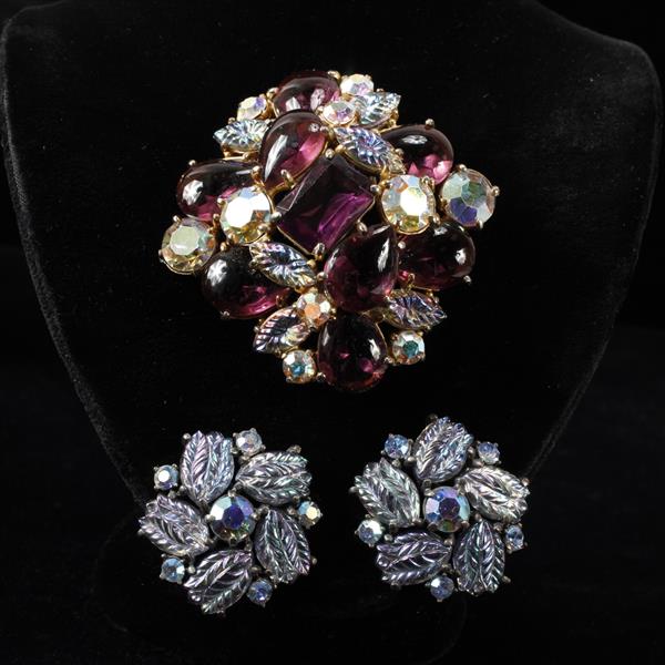 Appraisal: Schiaparelli pc Purple Brooch Pin Blue Clip Earrings with Iridescent