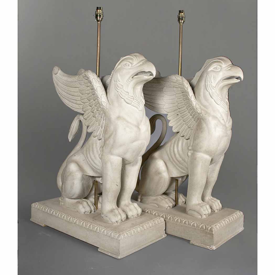 Appraisal: Pair of Neoclassical Style Painted Lamps Each carved as a